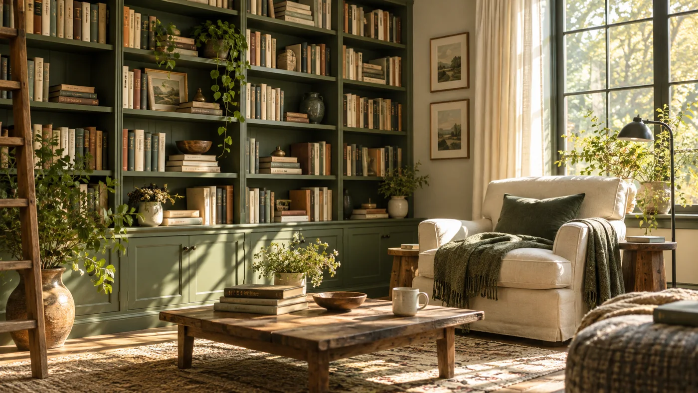 A quiet sunlit library with books and a reading chair